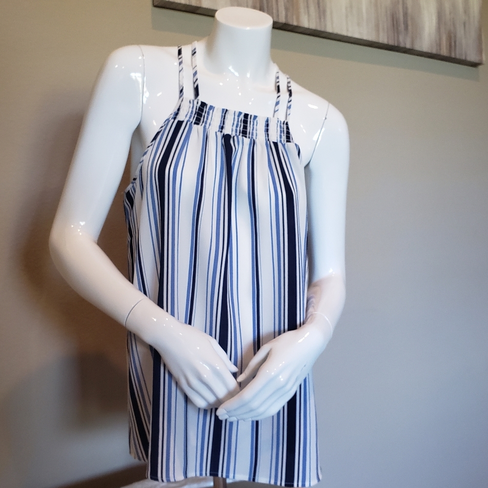 Pink Rose Large Blue & White spaghetti straps top